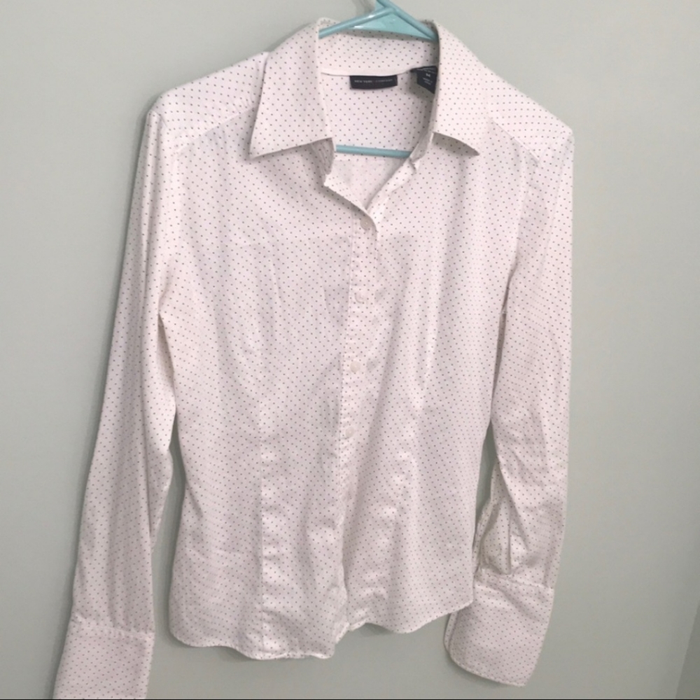 New York & Company White with Black Polka Dots Button Down Long Sleeve Medium